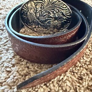 Women’s Brown Tooled FAUX Leather Belt with Ornate Silver Buckle